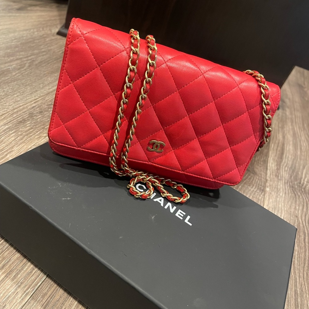 Authentic Chanel small coral red crossbody bag